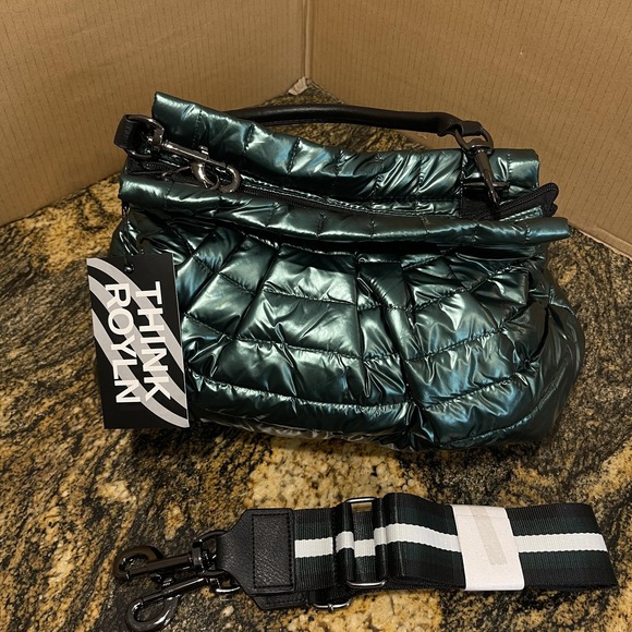 Think Royln Shoulder Crossbody Bag Womens Metallic Green Quilted Puffer Chain - Picture 1 of 16